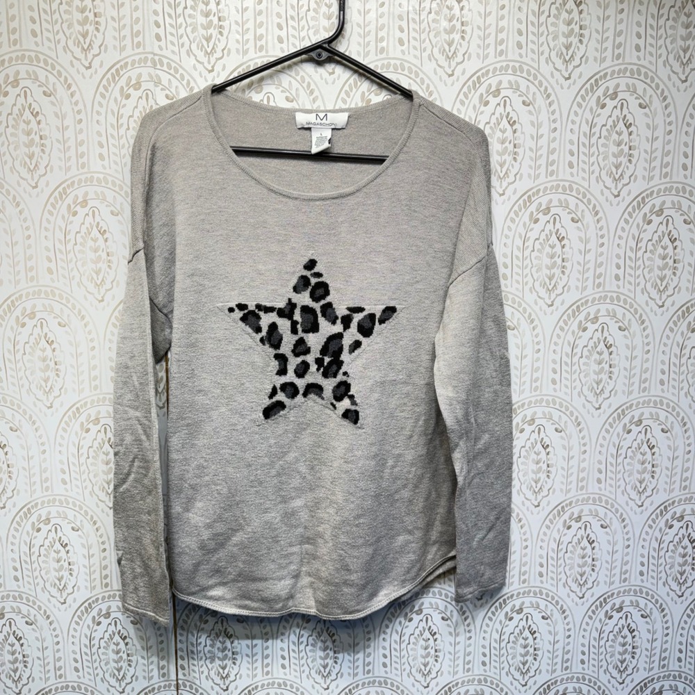 Magaschoni Sweater Women L Grey Leopard Star Cashmere Blend Knit Pullover Top
